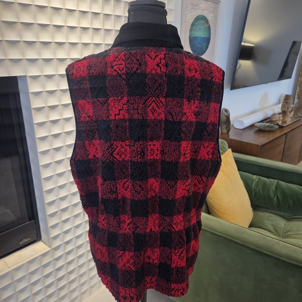 Vintage Woolrich Buffalo Plaid Fleece Vest, Velour Collar 90s Cabincore Large - Picture 6 of 12